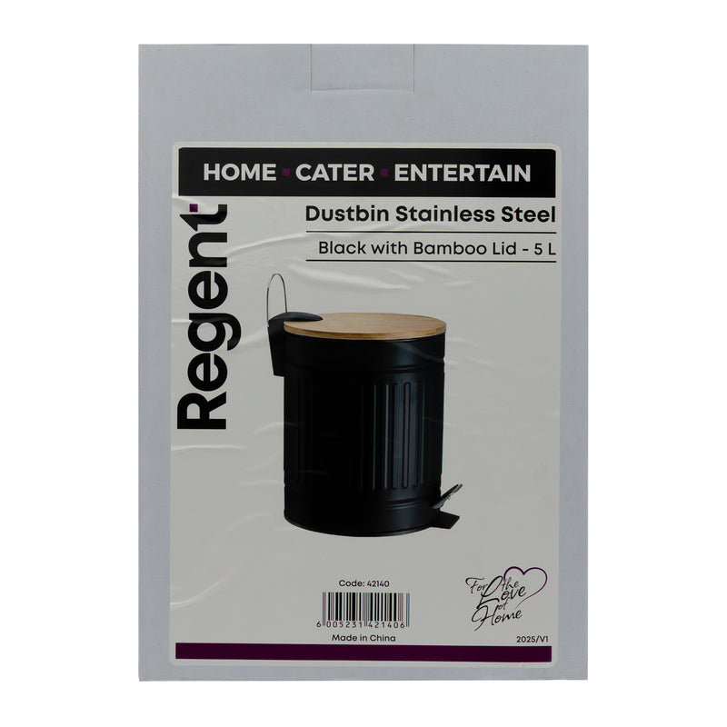 REGENT DUSTBIN STAINLESS STEEL BLACK WITH BAMBOO LID, 5L