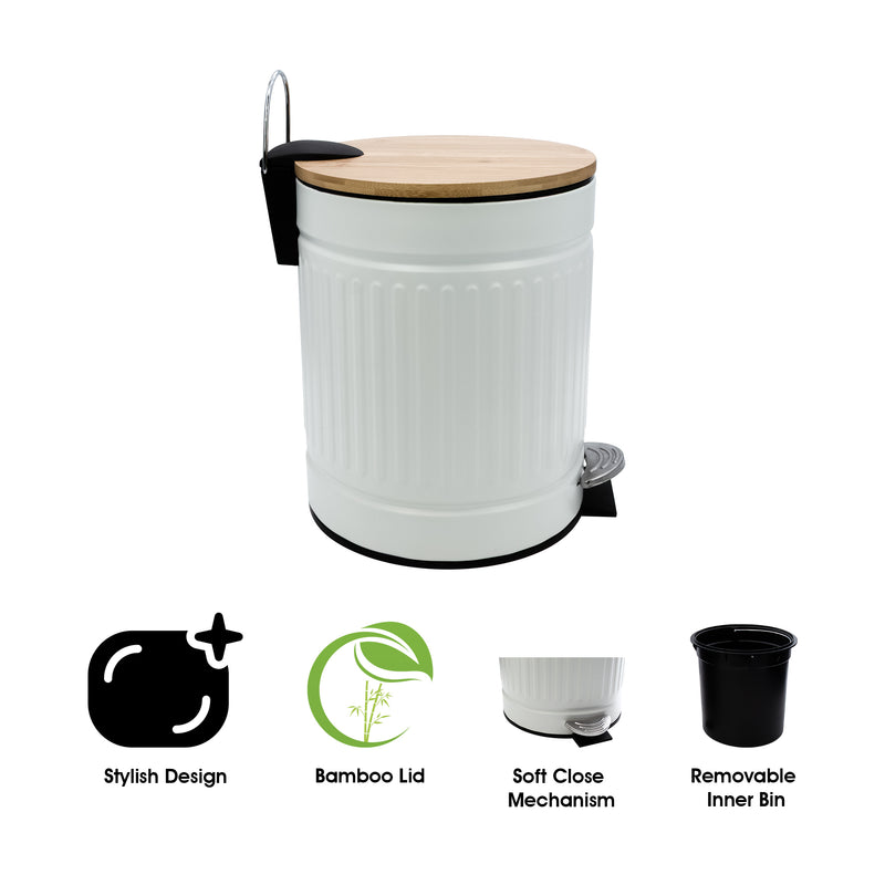 REGENT DUSTBIN STAINLESS STEEL WHITE WITH BAMBOO LID, 5L