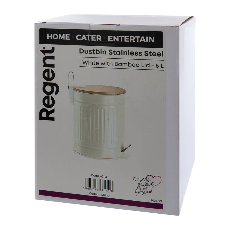 REGENT DUSTBIN STAINLESS STEEL WHITE WITH BAMBOO LID, 5L