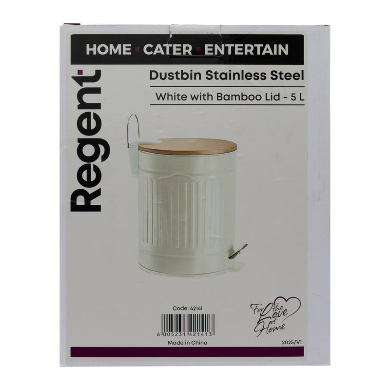 REGENT DUSTBIN STAINLESS STEEL WHITE WITH BAMBOO LID, 5L
