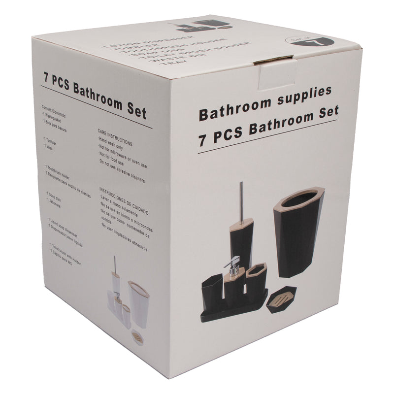 BATHROOM ASST. BLACK/WHITE 7PCE PLASTIC SET WITH BAMBOO LIDS , (205X205X250MM)