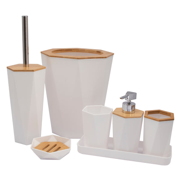 BATHROOM SET WHITE PLASTIC WITH BAMBOO LID  7 PCE