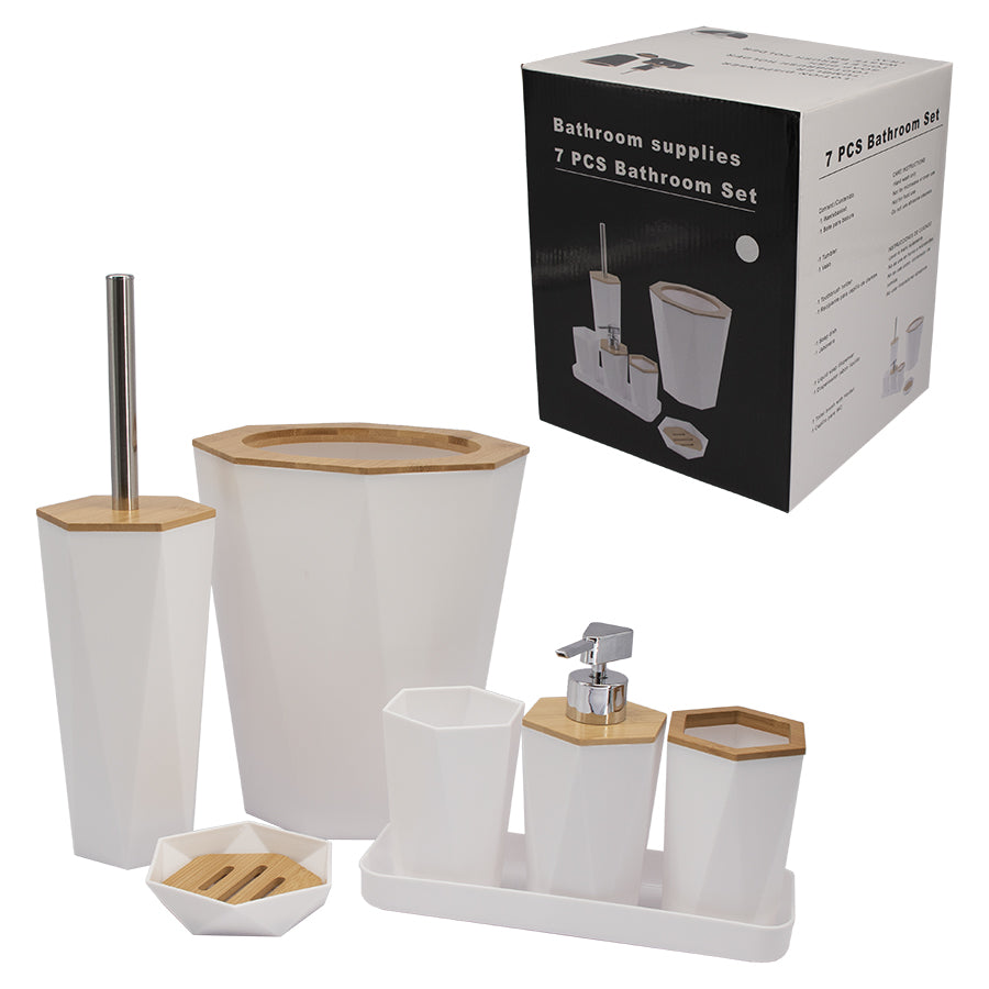 BATHROOM SET WHITE PLASTIC WITH BAMBOO LID 7PC