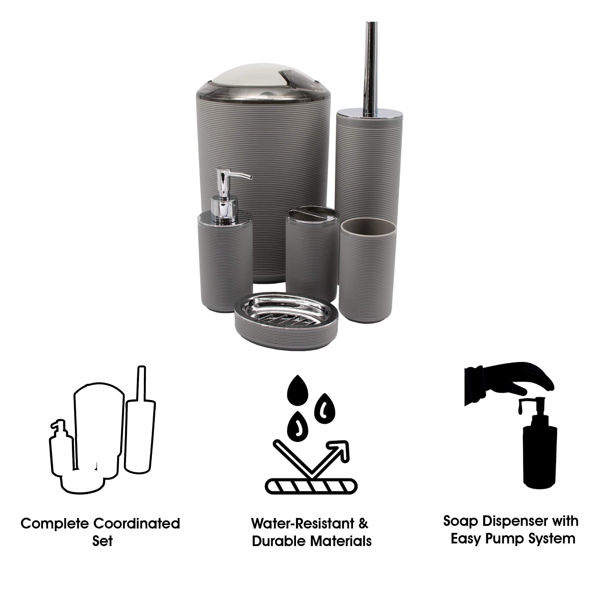 BATHROOM SET GREY PLASTIC, 6PC