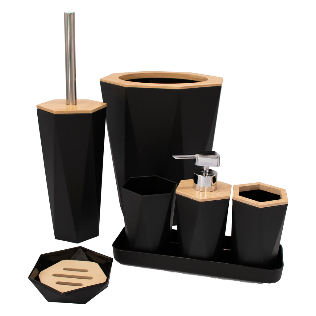 BATHROOM SET BLACK PLASTIC WITH BAMBOO LIDS 7PC