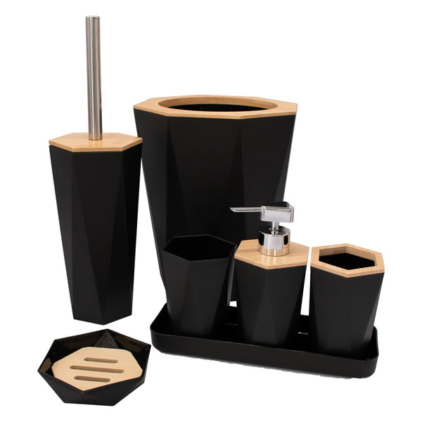BATHROOM SET BLACK PLASTIC WITH BAMBOO LID  7 PCE