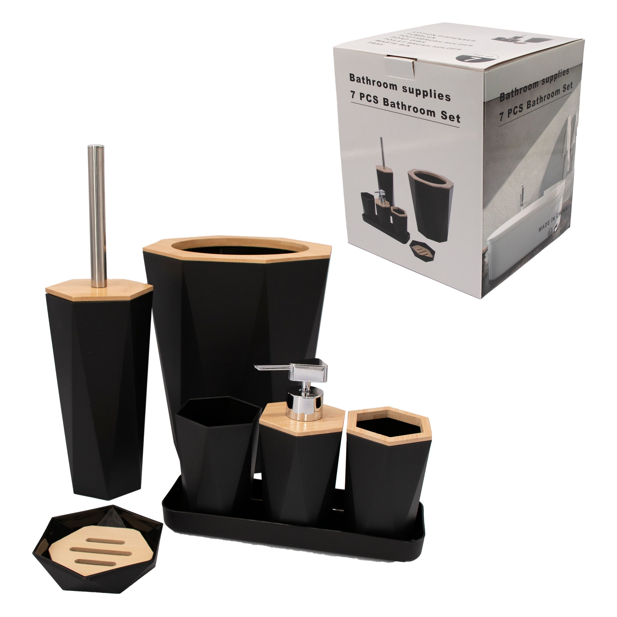 BATHROOM SET BLACK PLASTIC WITH BAMBOO LIDS 7PC