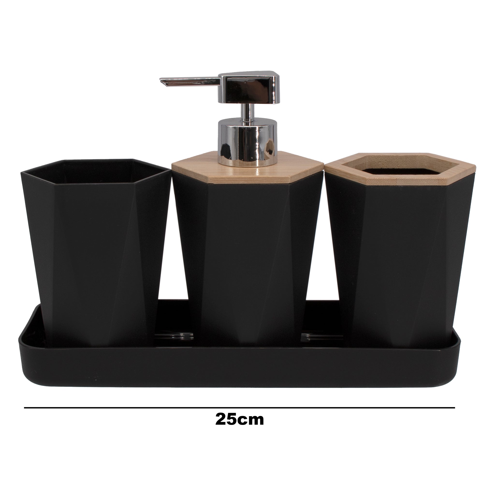 BATHROOM SET BLACK PLASTIC WITH BAMBOO LIDS 7PC