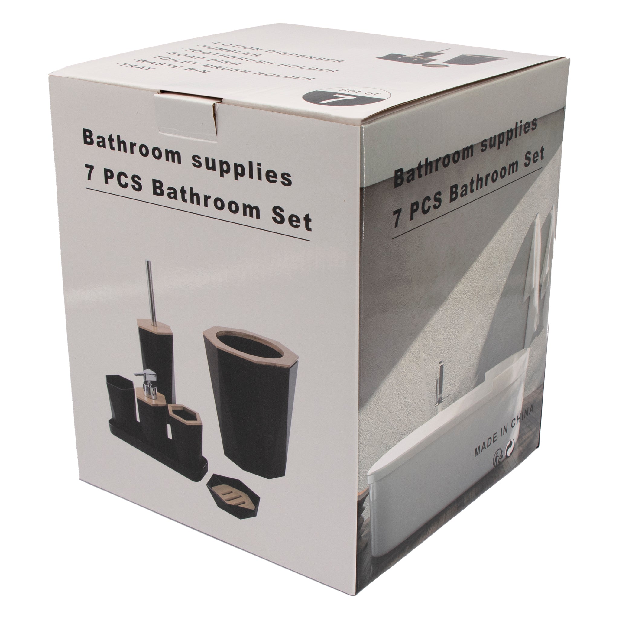 BATHROOM SET BLACK PLASTIC WITH BAMBOO LIDS 7PC