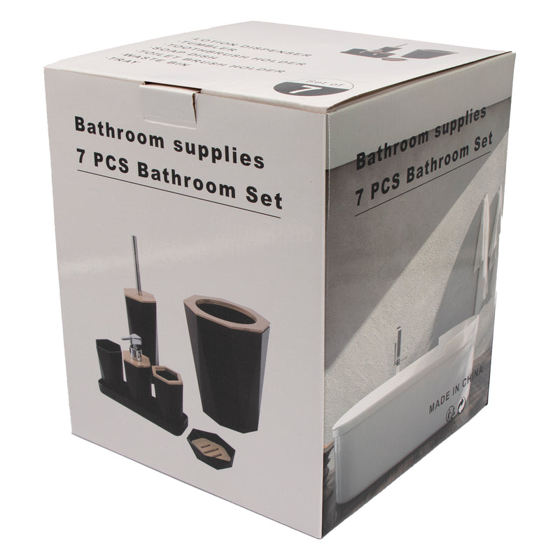 BATHROOM BLACK PLASTIC WITH BAMBOO LIDS 7PCS SET