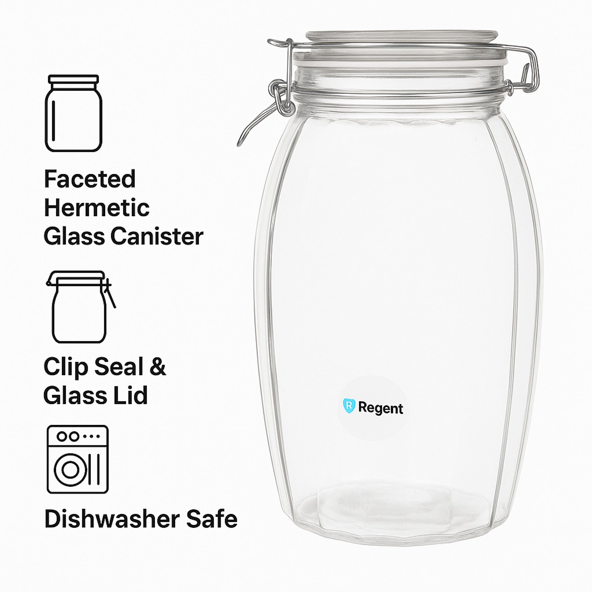 REGENT FACETED HERMETIC GLASS CANISTER WITH CLIP SEAL AND GLASS LID, 2.3L