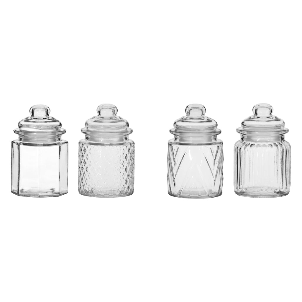 REGENT MINI GLASS CANISTERS ASSORTED DESIGNS 4PK, 300ML