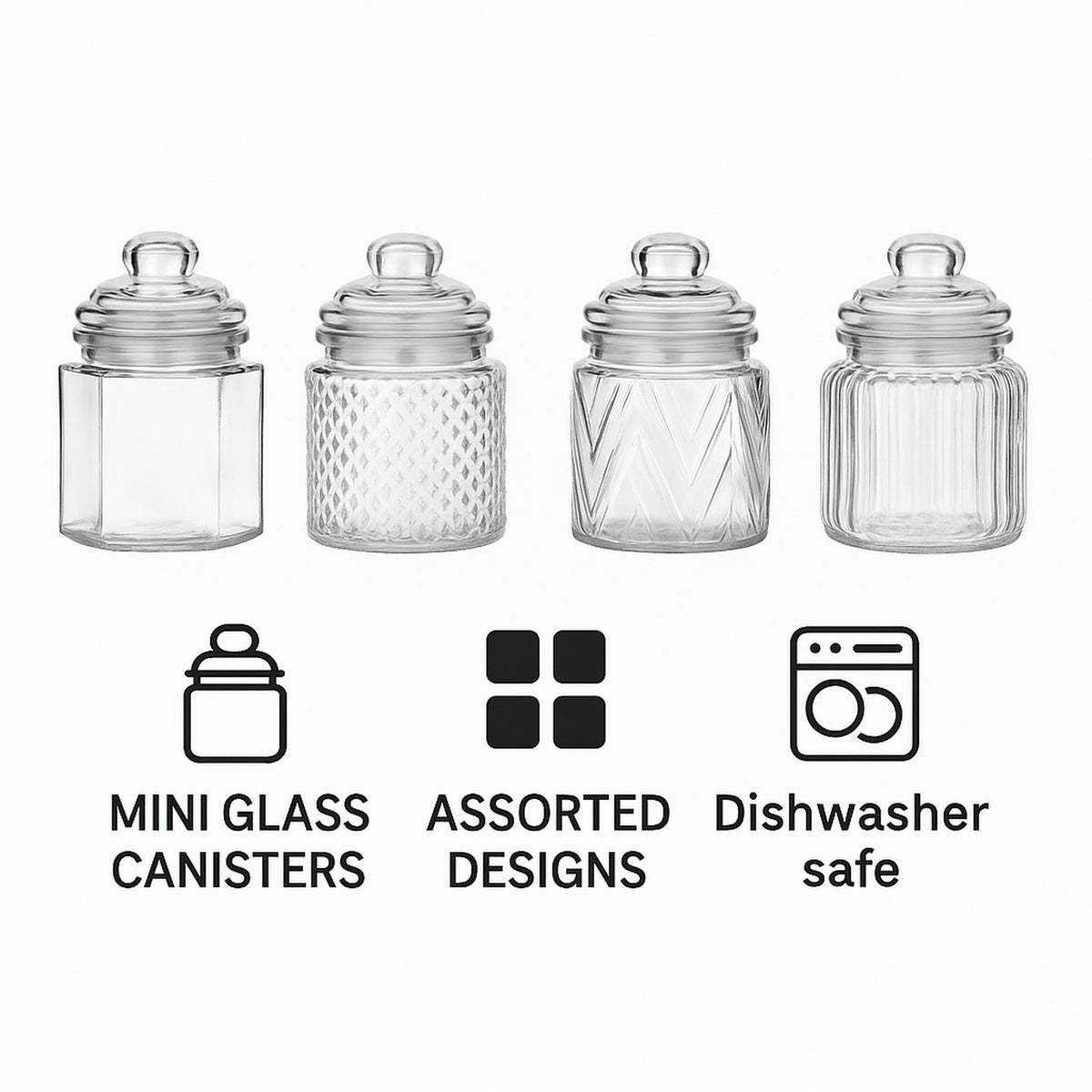 REGENT MINI GLASS CANISTERS ASSORTED DESIGNS 4PK, 300ML