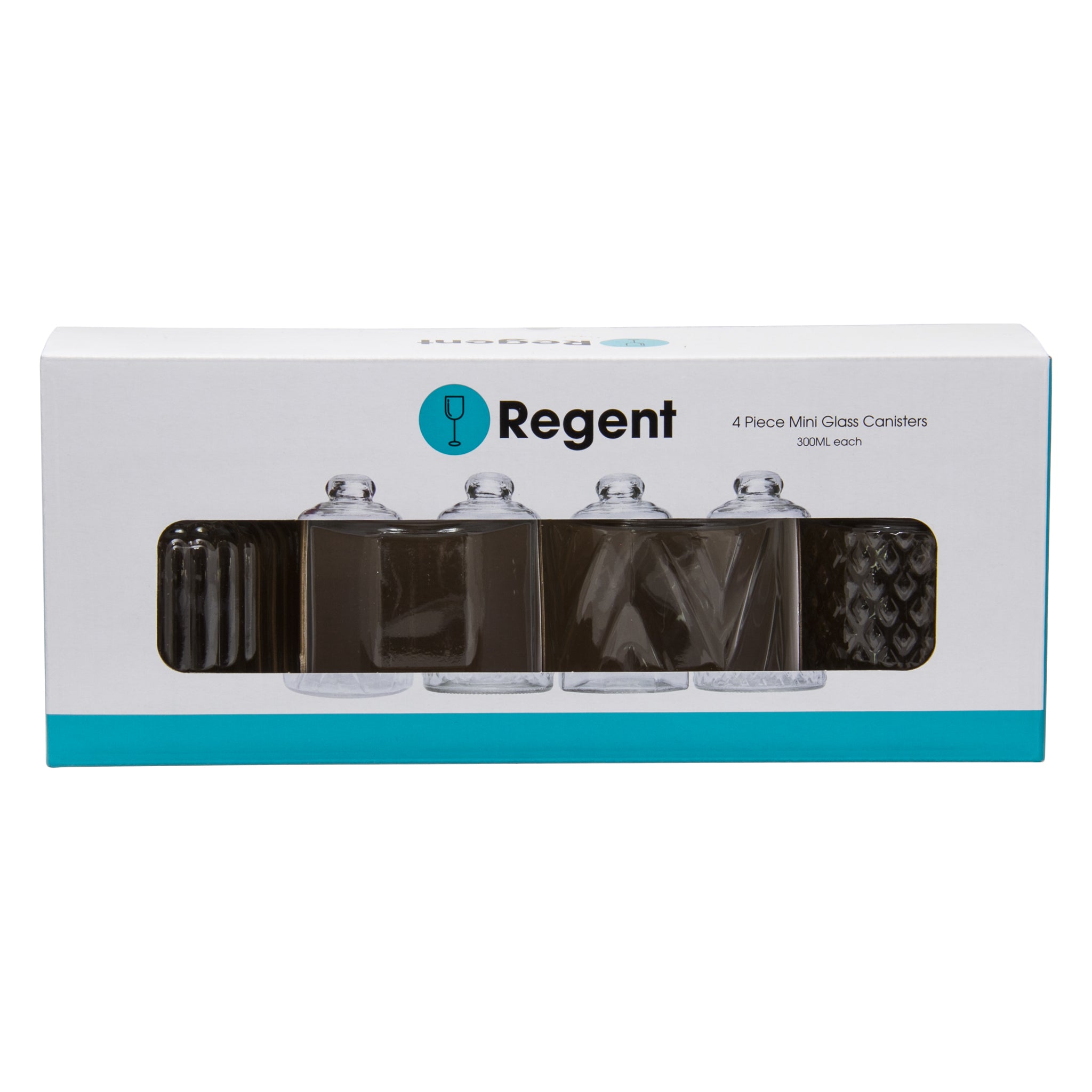 REGENT MINI GLASS CANISTERS ASSORTED DESIGNS 4PK, 300ML