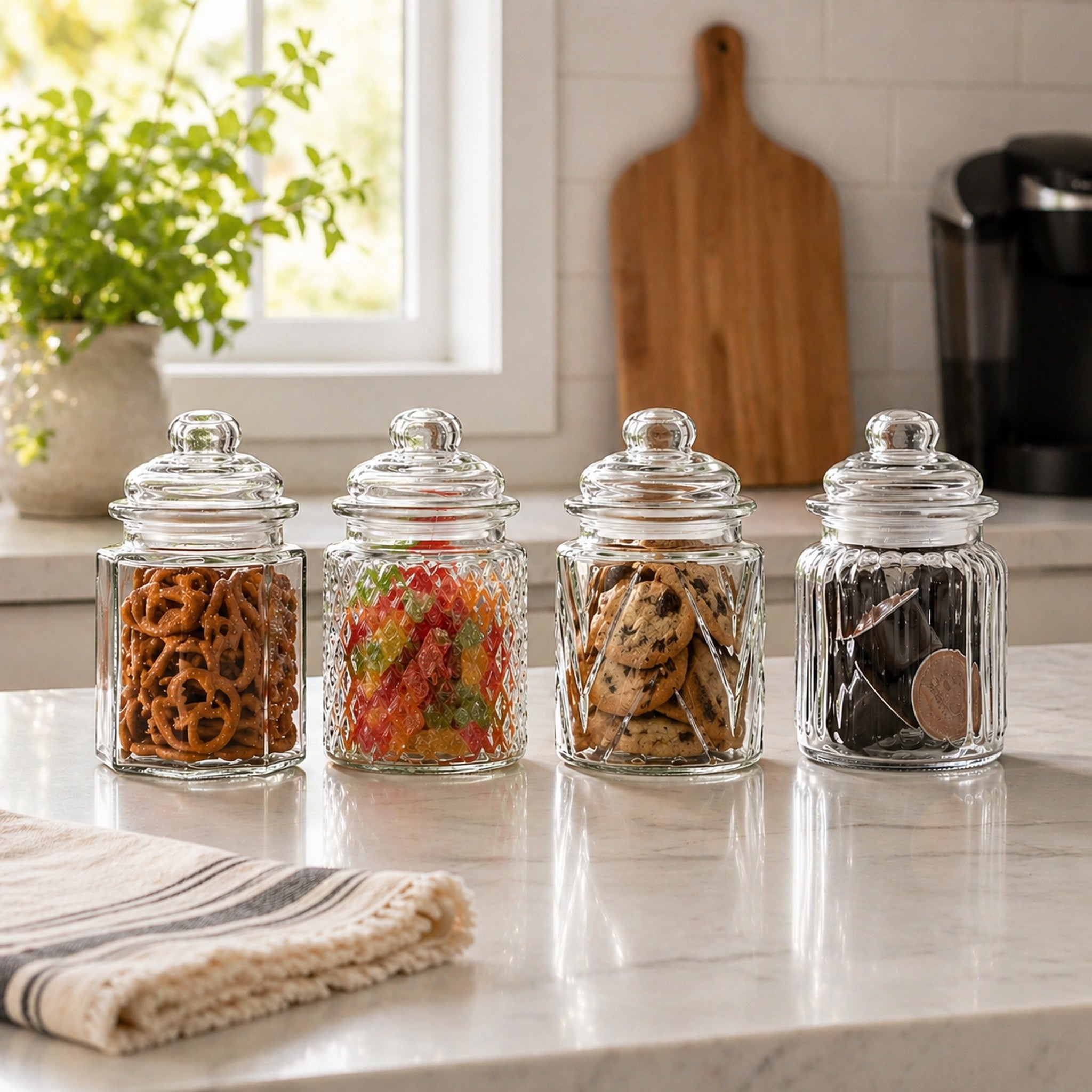 REGENT MINI GLASS CANISTERS ASSORTED DESIGNS 4PK, 300ML