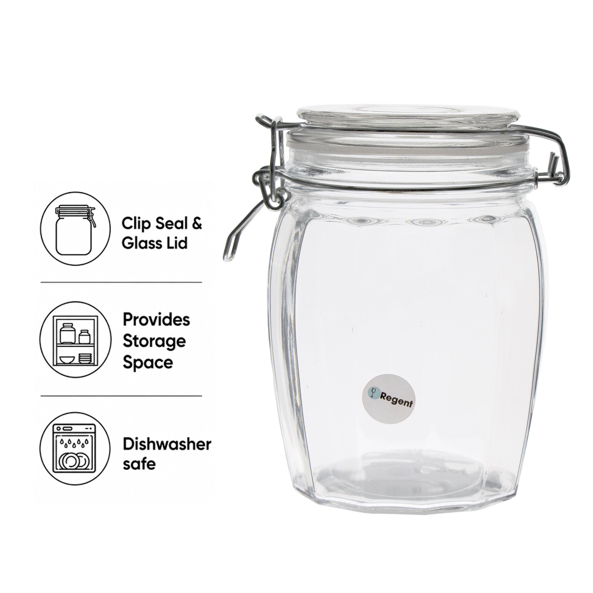 REGENT FACETED HERMETIC GLASS CANISTER WITH CLIP SEAL AND GLASS LID, 800ML