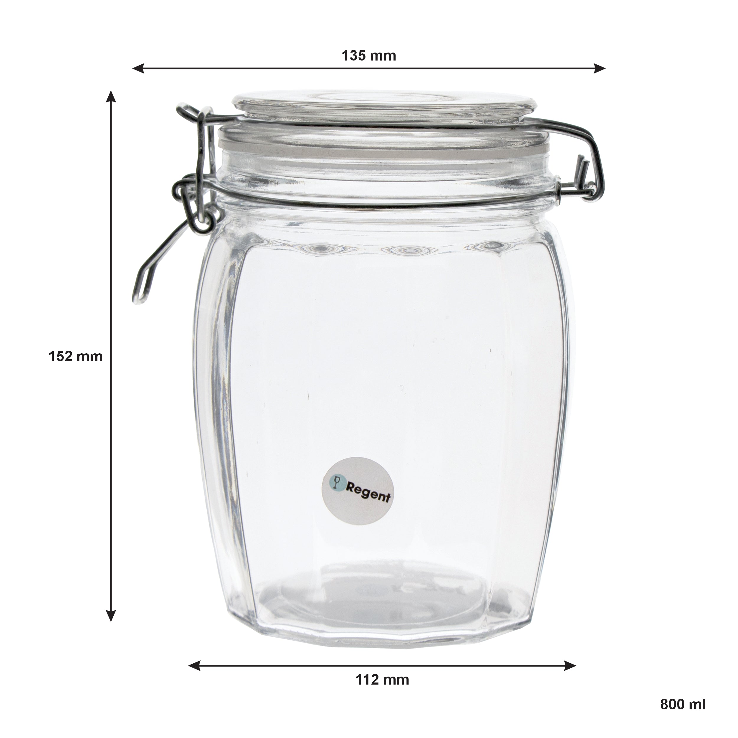 REGENT FACETED HERMETIC GLASS CANISTER WITH CLIP SEAL AND GLASS LID, 800ML