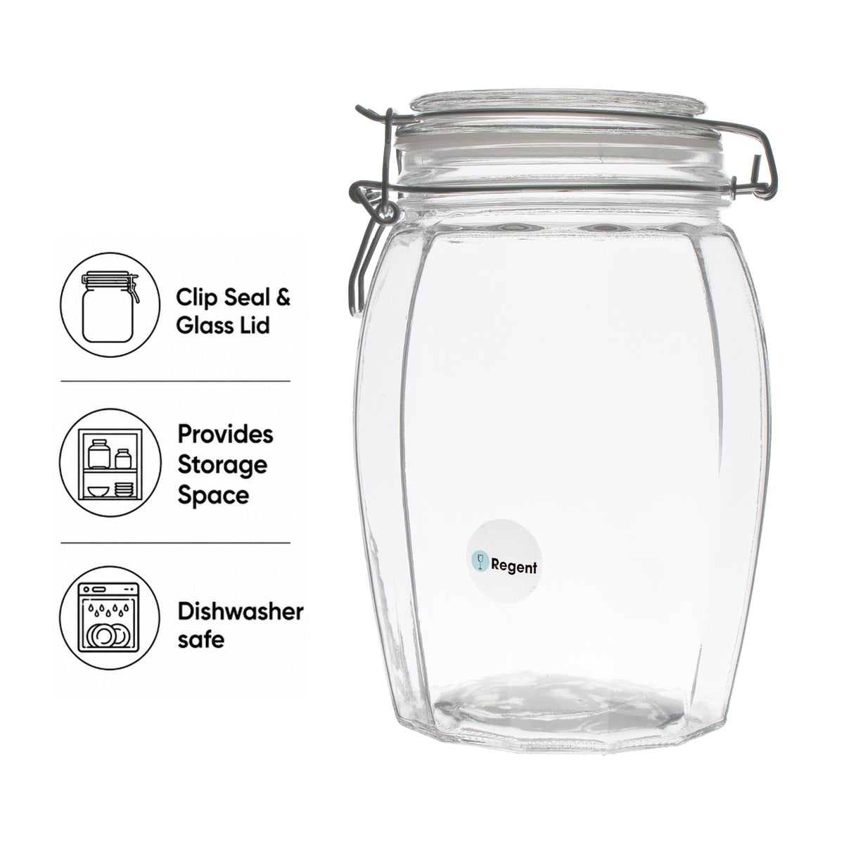 REGENT FACETED HERMETIC GLASS CANISTER WITH CLIP SEAL AND GLASS LID, 1.2L