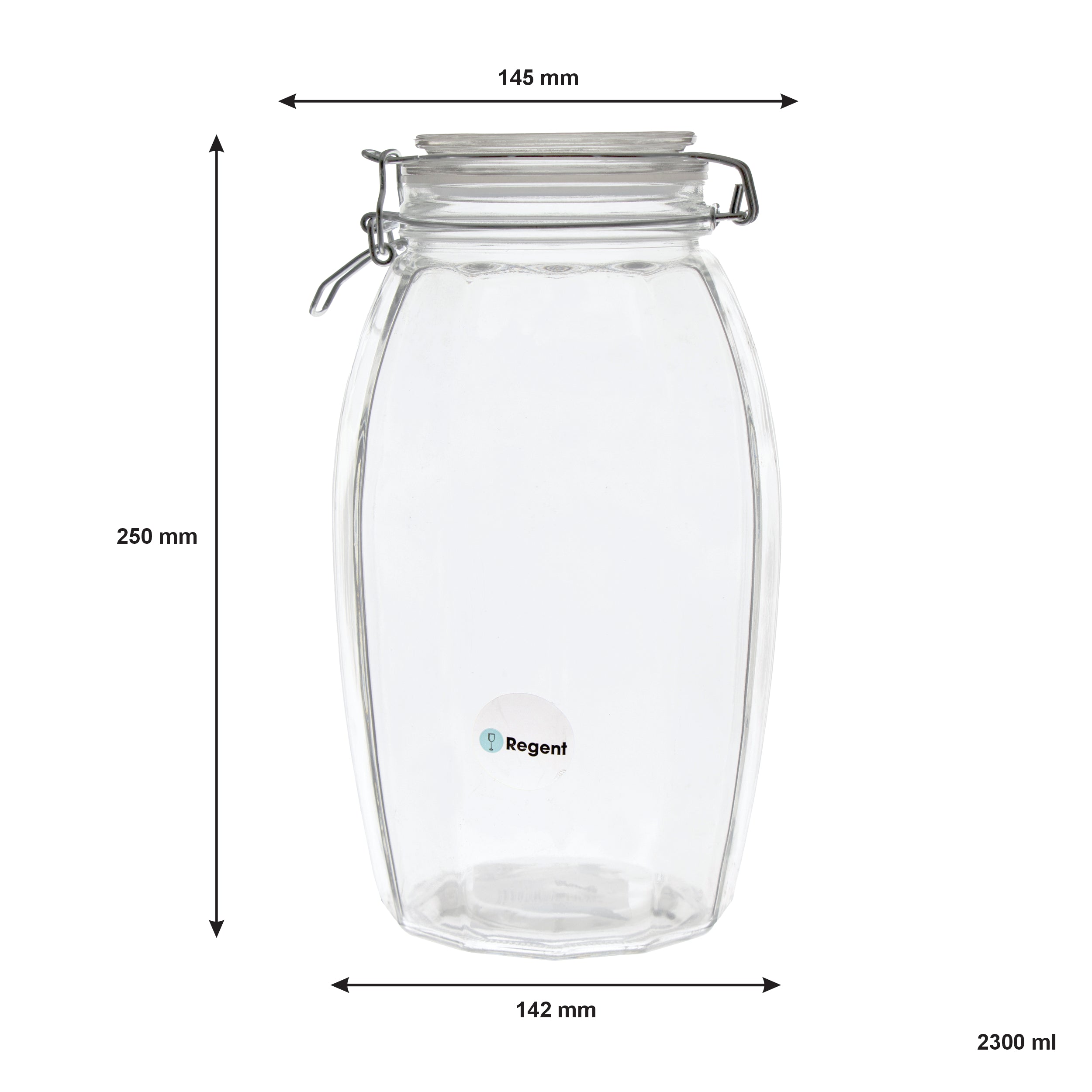 REGENT FACETED HERMETIC GLASS CANISTER WITH CLIP SEAL AND GLASS LID, 2.3L
