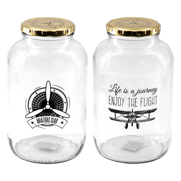 REGENT GLASS STORAGE JAR WITH GOLD LID LIFE IS A JOURNEY & AVIATORS CLUB 2LT, 2 PACK