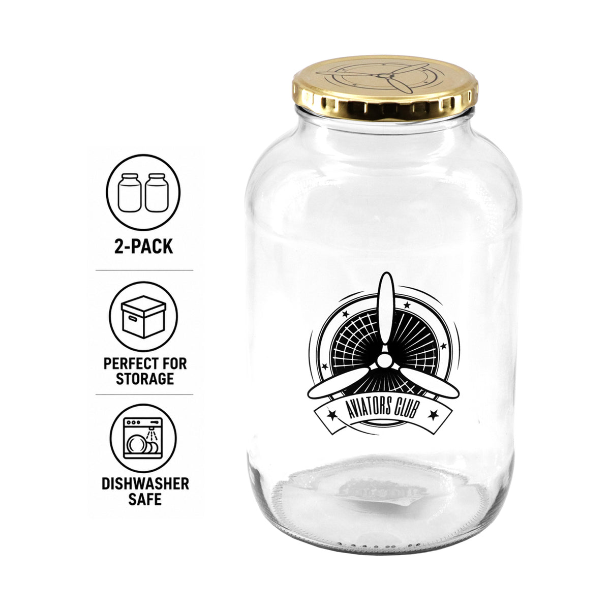 REGENT GLASS STORAGE JAR WITH GOLD LID LIFE IS A JOURNEY & AVIATORS CLUB 2PK, 2L