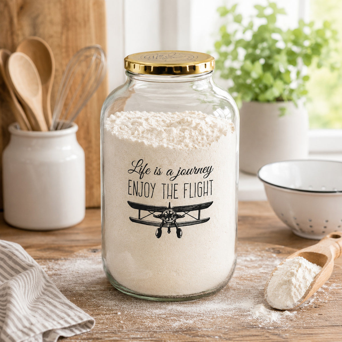 REGENT GLASS STORAGE JAR WITH GOLD LID LIFE IS A JOURNEY & AVIATORS CLUB 2PK, 2L