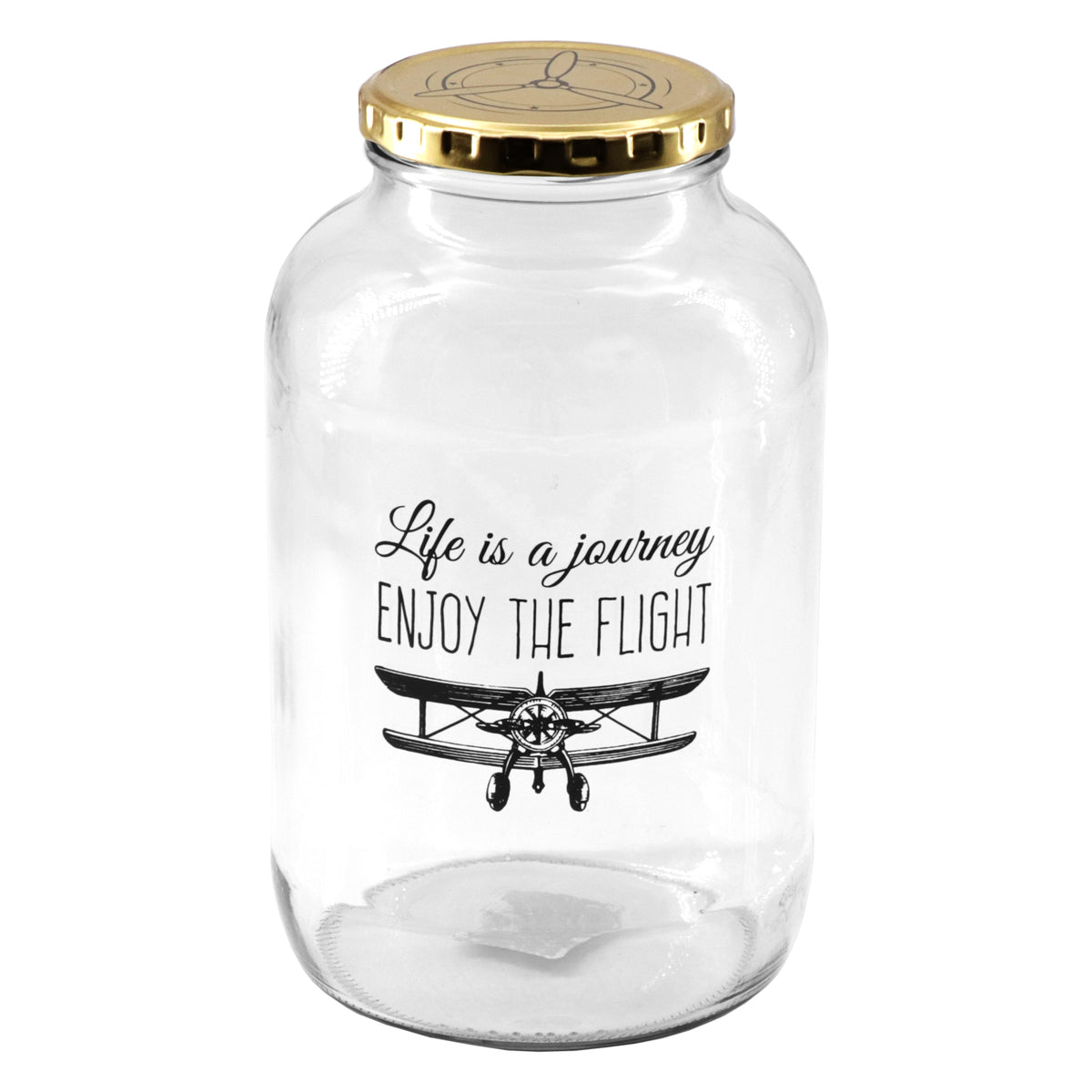 REGENT GLASS STORAGE JAR WITH GOLD LID LIFE IS A JOURNEY & AVIATORS CLUB 2PK, 2L