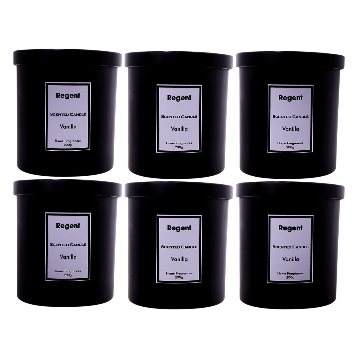REGENT SCENTED CANDLES (VANILLA) IN A BLACK GLASS JAR WITH BLACK LID 6PK, 200G