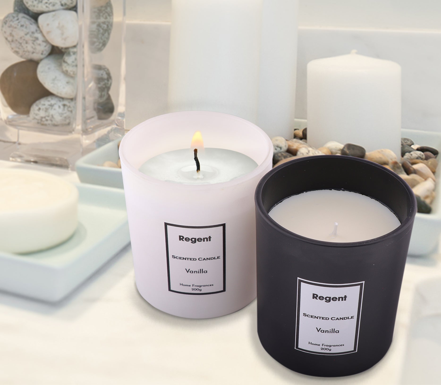 REGENT SCENTED CANDLES (VANILLA) IN A WHITE GLASS JAR WITH BLACK LID 6PK, 200G