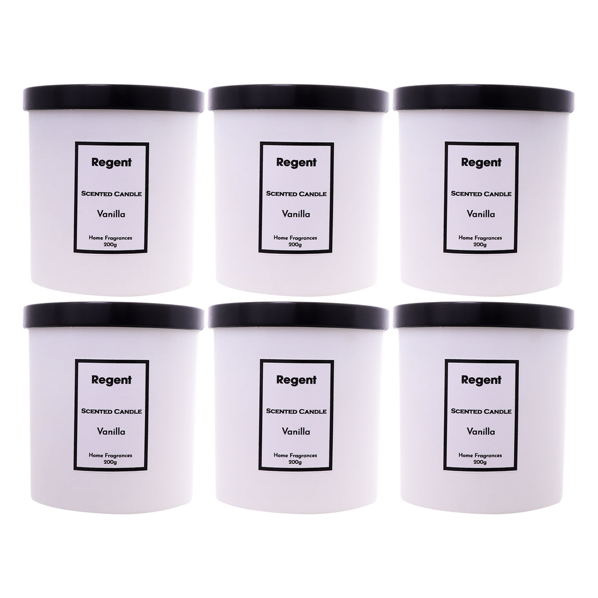 REGENT SCENTED CANDLES (VANILLA) IN A WHITE GLASS JAR WITH BLACK LID 6PK, 200G