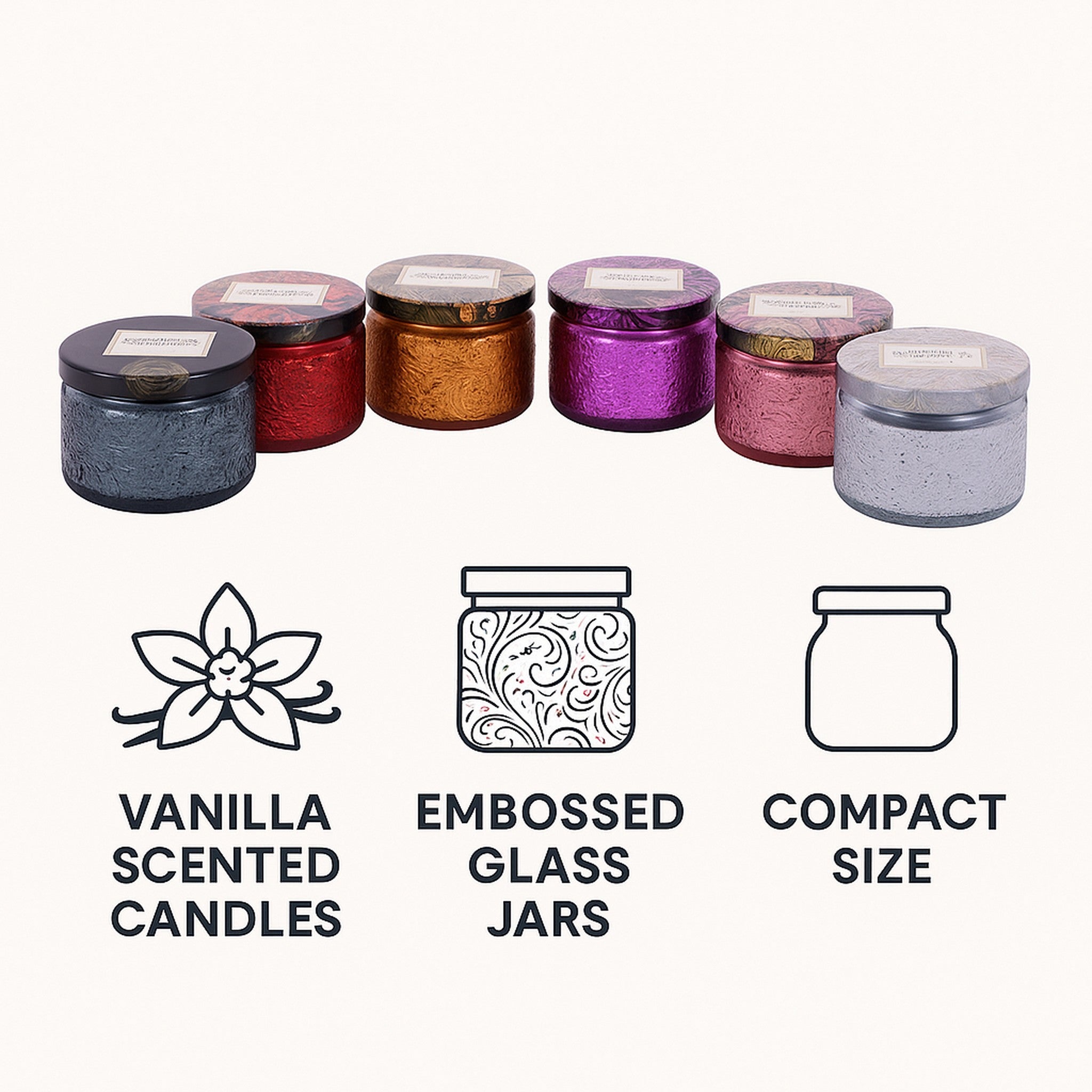 REGENT SCENTED CANDLES (VANILLA) IN EMBOSSED GLASS JARS, ASST. COLOURS 6PK, 100G