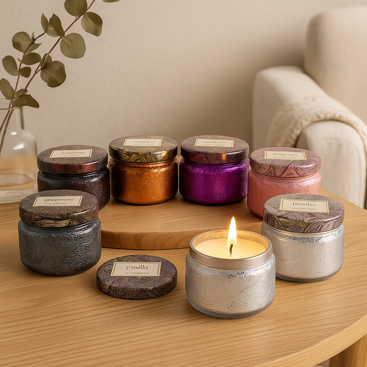 REGENT SCENTED CANDLES (VANILLA) IN EMBOSSED GLASS JARS, ASST. COLOURS 6PK, 100G