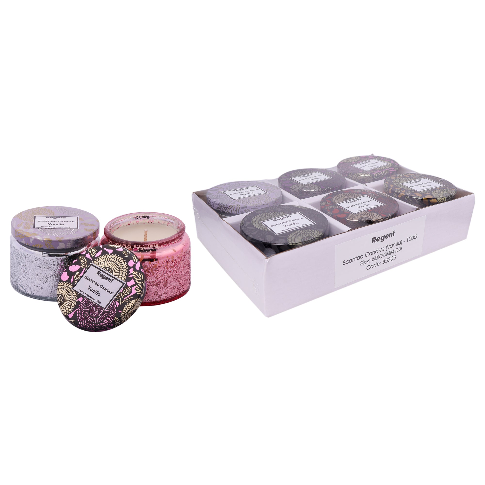 REGENT SCENTED CANDLES (VANILLA) IN EMBOSSED GLASS JARS, ASST. COLOURS 6PK, 100G