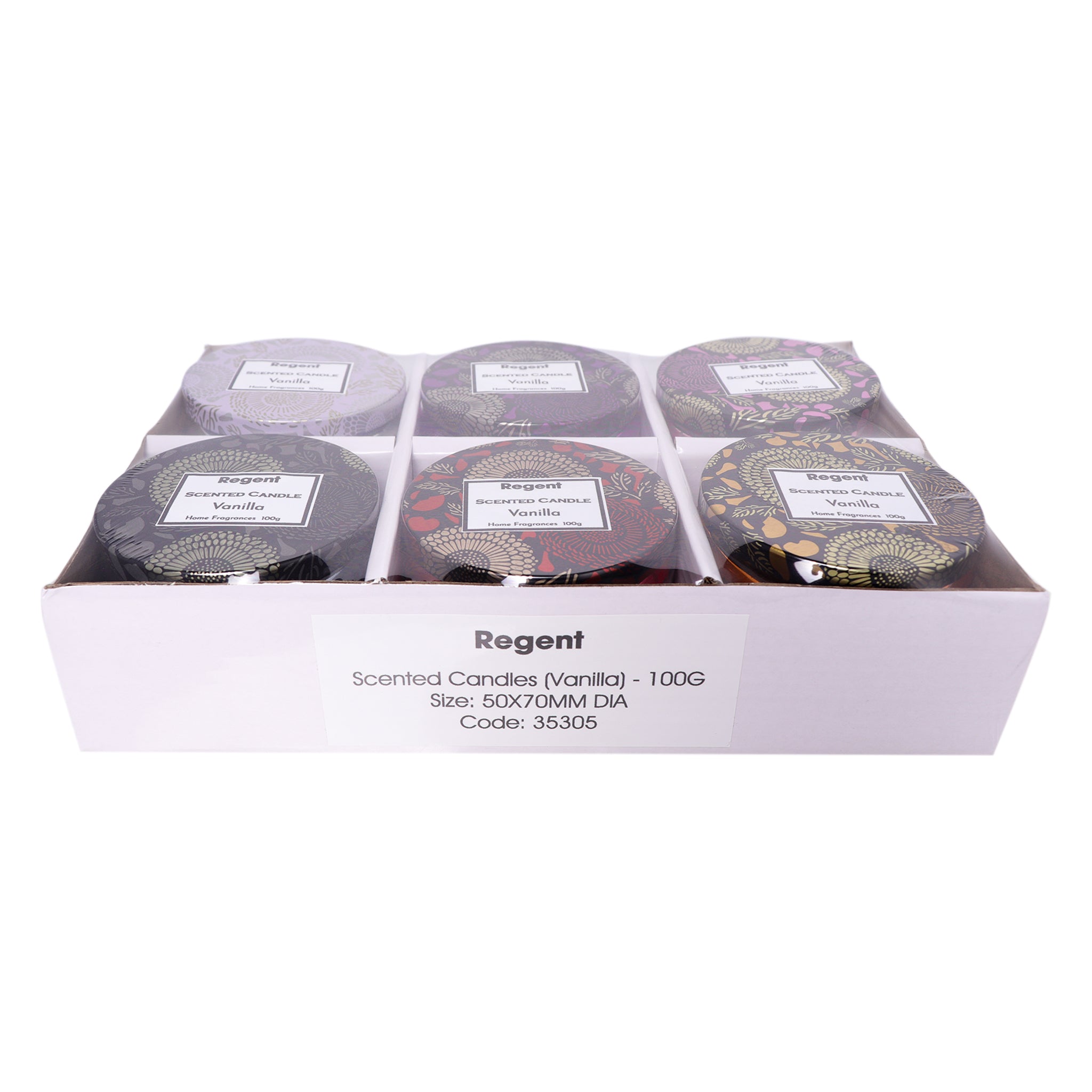 REGENT SCENTED CANDLES (VANILLA) IN EMBOSSED GLASS JARS, ASST. COLOURS 6PK, 100G