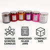 REGENT SCENTED CANDLES (VANILLA) IN EMBOSSED GLASS JARS, ASST. COLOURS 6PK, 185G