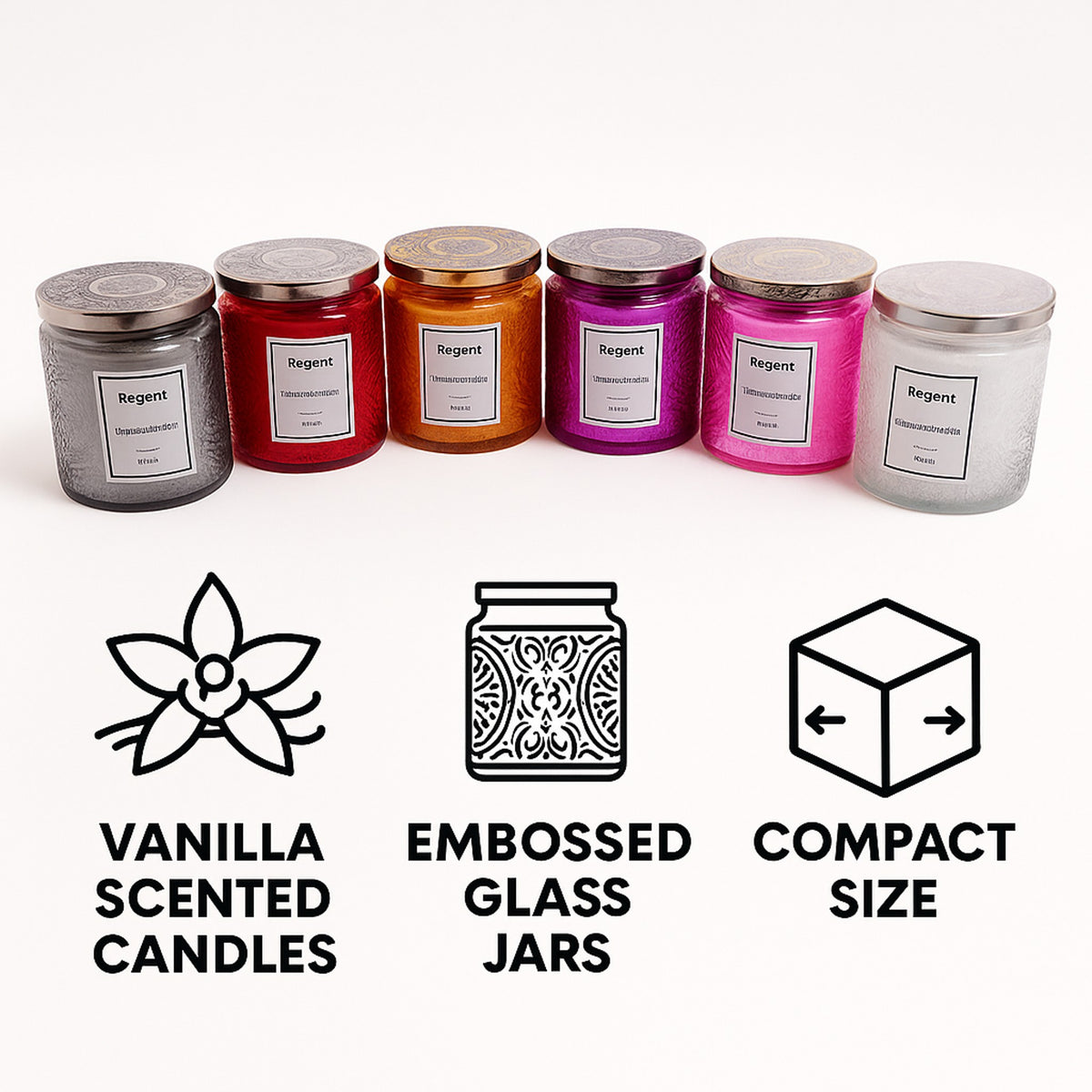 REGENT SCENTED CANDLES (VANILLA) IN EMBOSSED GLASS JARS, ASST. COLOURS 6PK, 185G