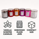 REGENT SCENTED CANDLES (VANILLA) IN EMBOSSED GLASS JARS, ASST. COLOURS 6PK, 185G
