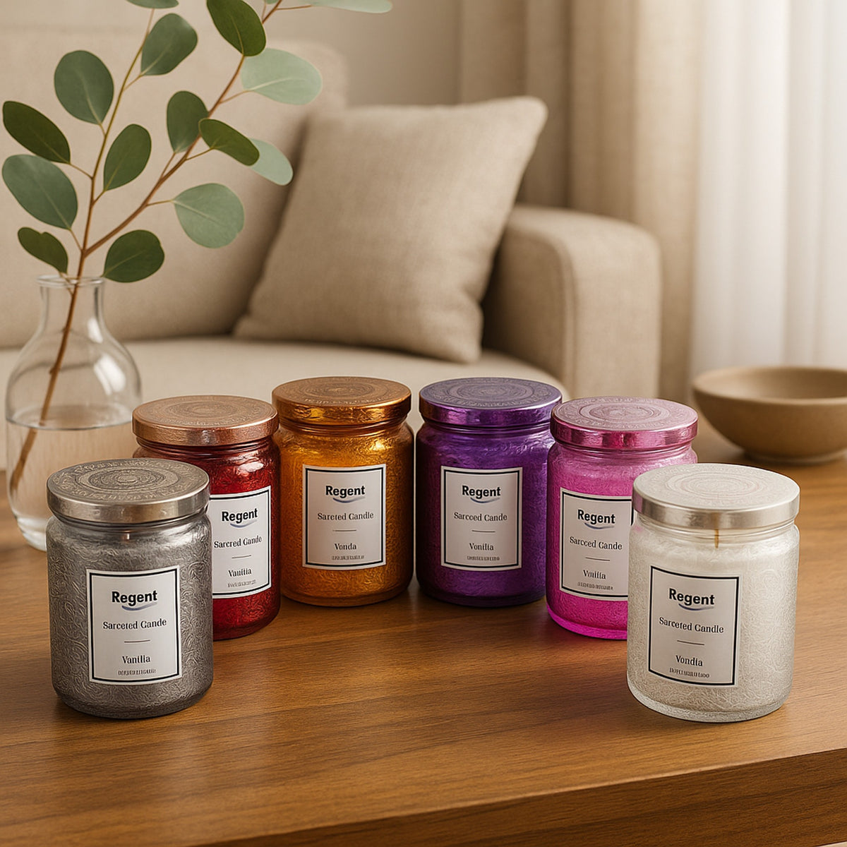 REGENT SCENTED CANDLES (VANILLA) IN EMBOSSED GLASS JARS, ASST. COLOURS 6PK, 185G