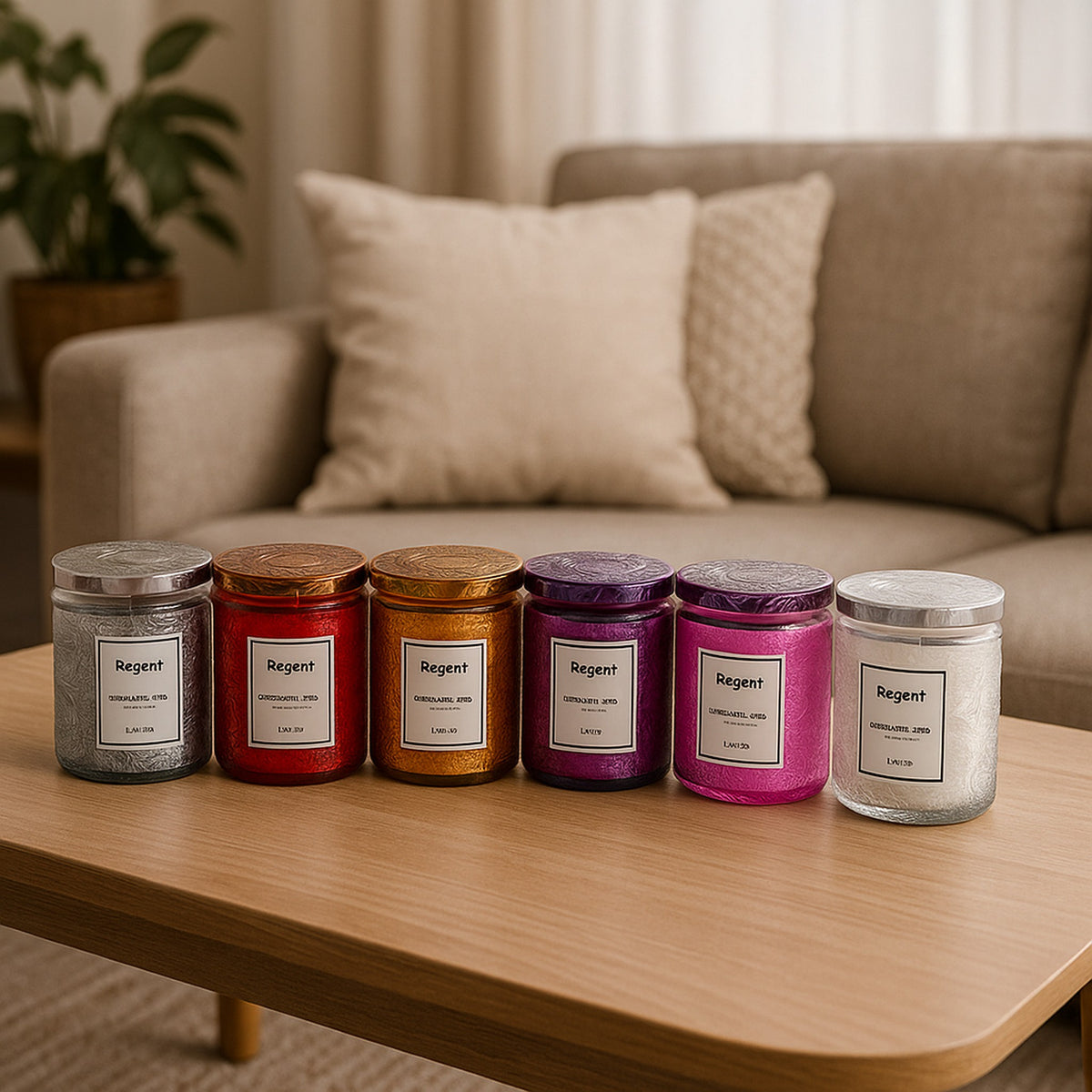 REGENT SCENTED CANDLES (VANILLA) IN EMBOSSED GLASS JARS, ASST. COLOURS 6PK, 185G