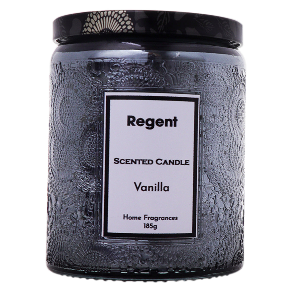 REGENT SCENTED CANDLES (VANILLA) IN EMBOSSED GLASS JARS, ASST. COLOURS 6PK, 185G