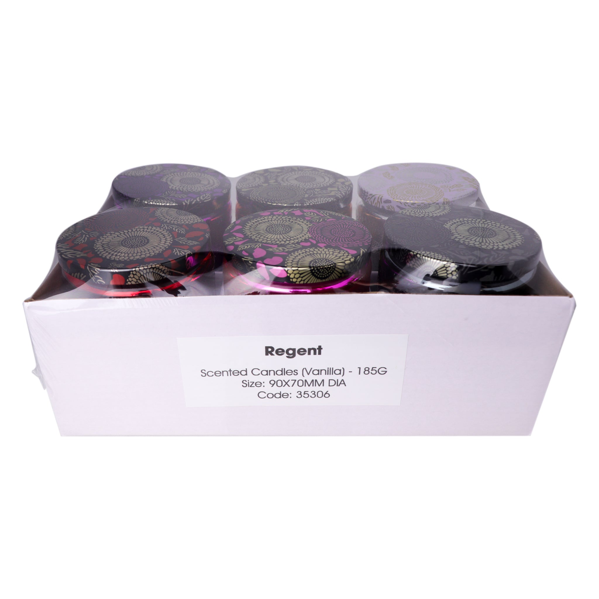 REGENT SCENTED CANDLES (VANILLA) IN EMBOSSED GLASS JARS, ASST. COLOURS 6PK, 185G