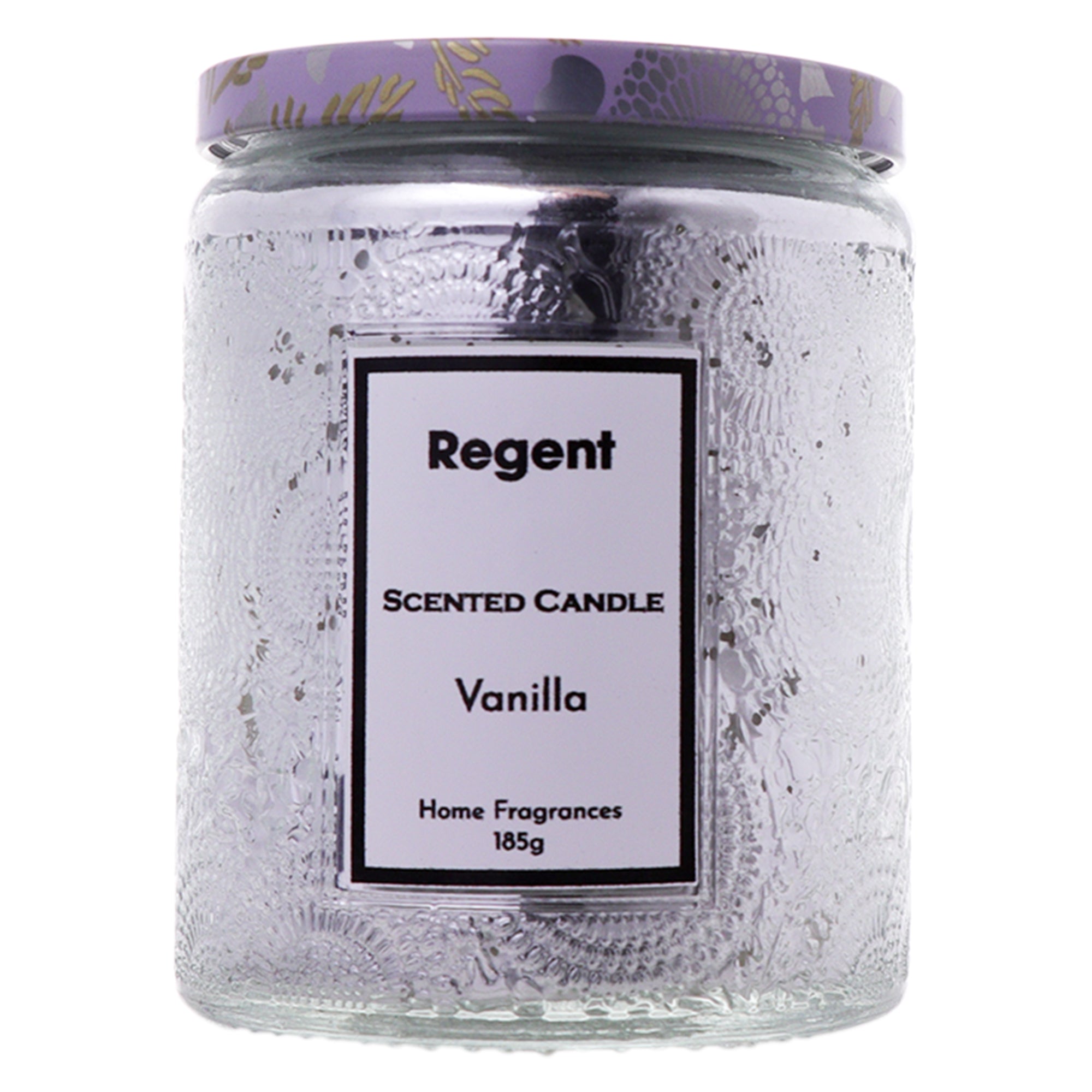 REGENT SCENTED CANDLES (VANILLA) IN EMBOSSED GLASS JARS, ASST. COLOURS 6PK, 185G