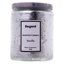 REGENT SCENTED CANDLES (VANILLA) IN EMBOSSED GLASS JARS, ASST. COLOURS 6PK, 185G