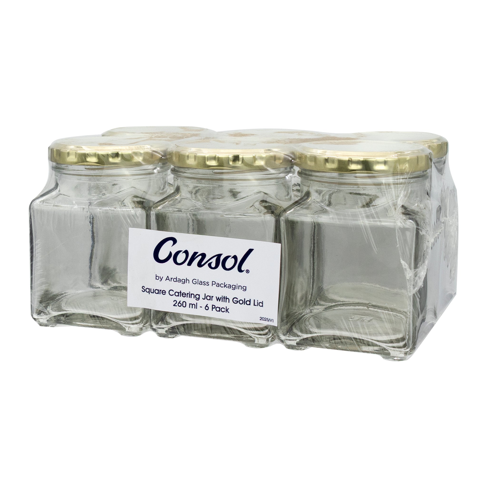 CONSOL 260ML CATERING SQUARE JARWITH GOLD LID 6PK
