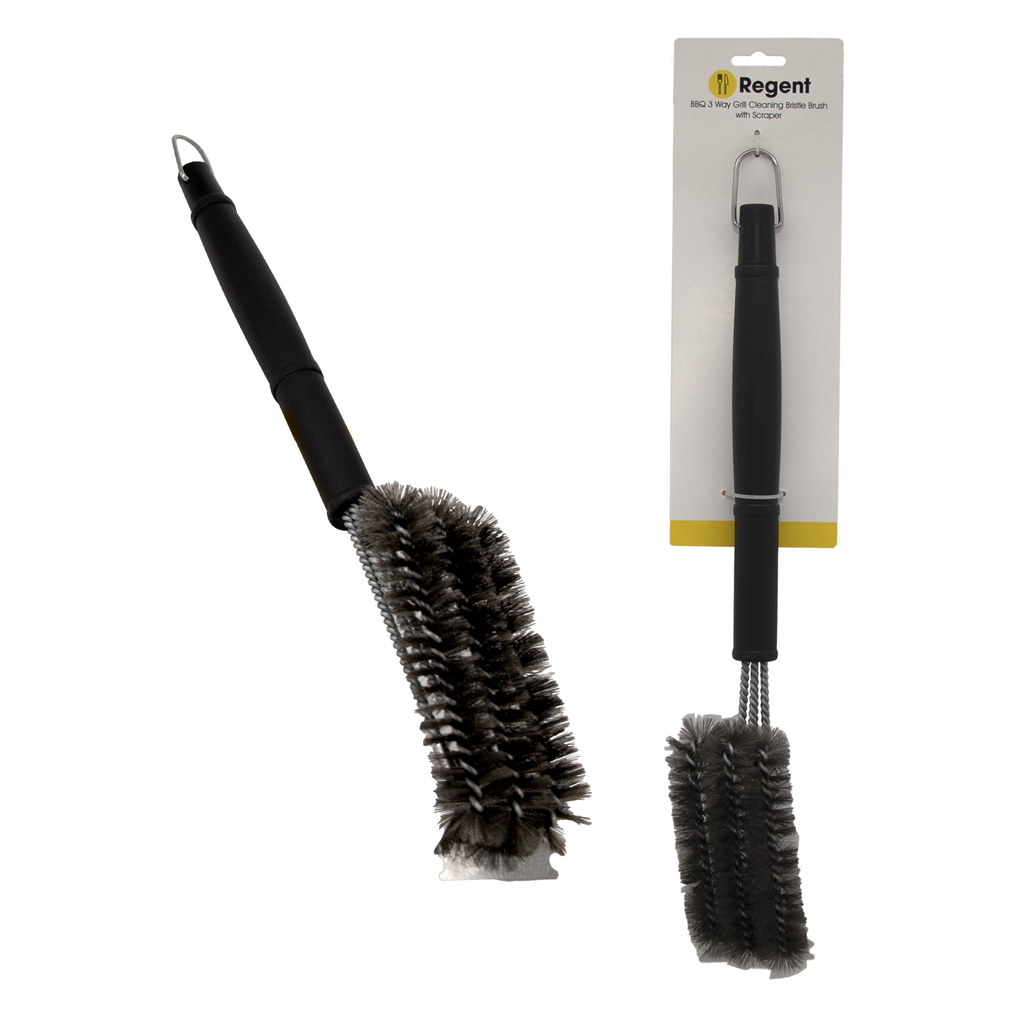 REGENT BRAAI 3 WAY CLEANING BRISTLE BRUSH WITH SCRAPER STAINLESS STEEL, 450MM
