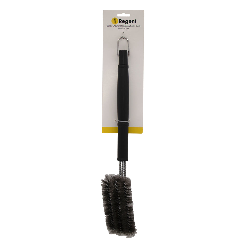 REGENT BRAAI 3 WAY CLEANING BRISTLE BRUSH WITH SCRAPER STAINLESS STEEL, 450MM