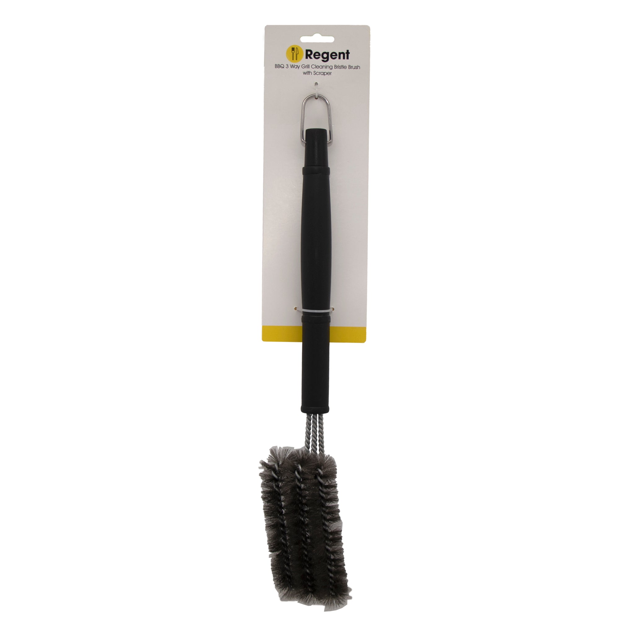 REGENT BRAAI 3 WAY CLEANING BRISTLE BRUSH WITH SCRAPER STAINLESS STEEL, 450MM
