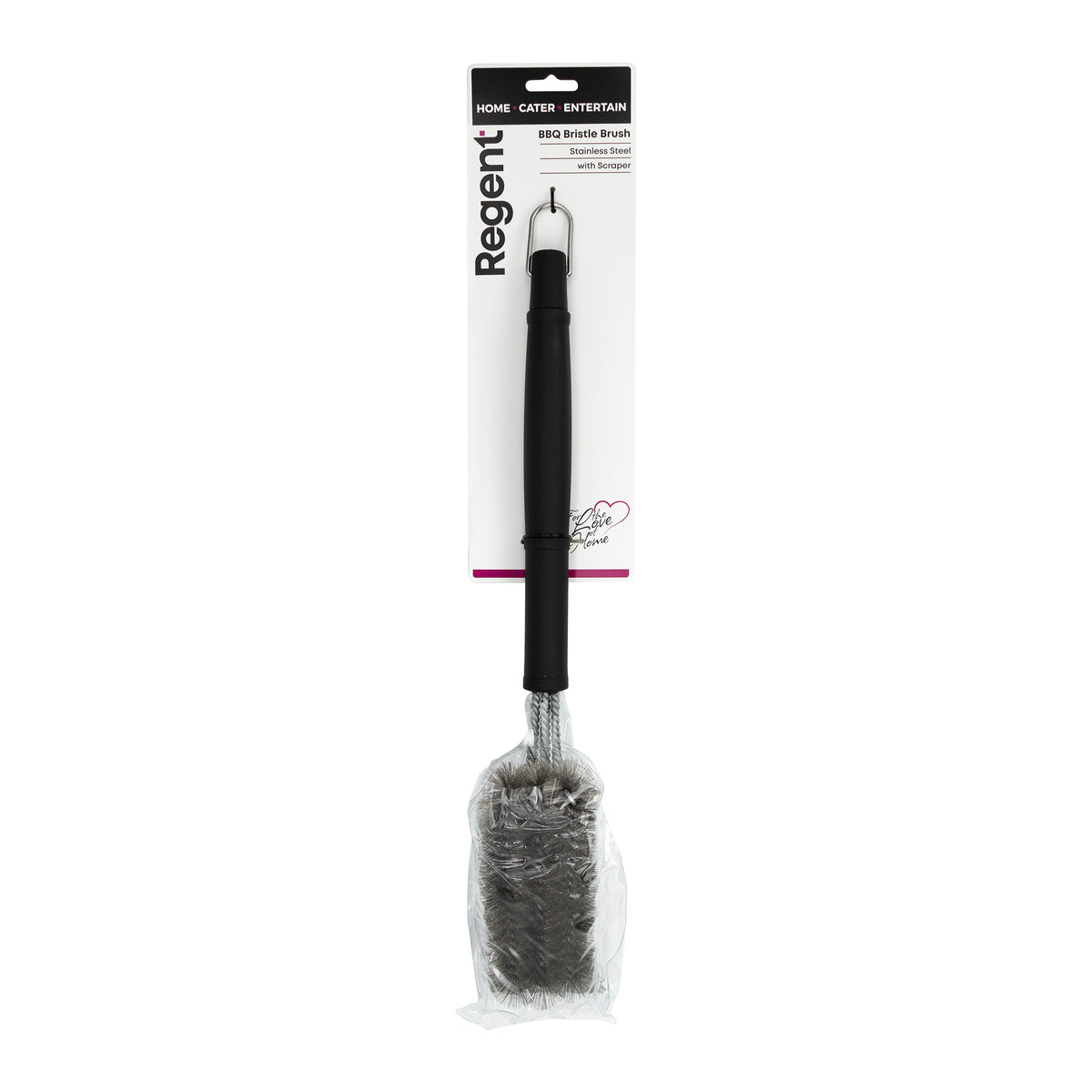 REGENT BRAAI 3 WAY CLEANING BRISTLE BRUSH WITH SCRAPER STAINLESS STEEL, 450MM
