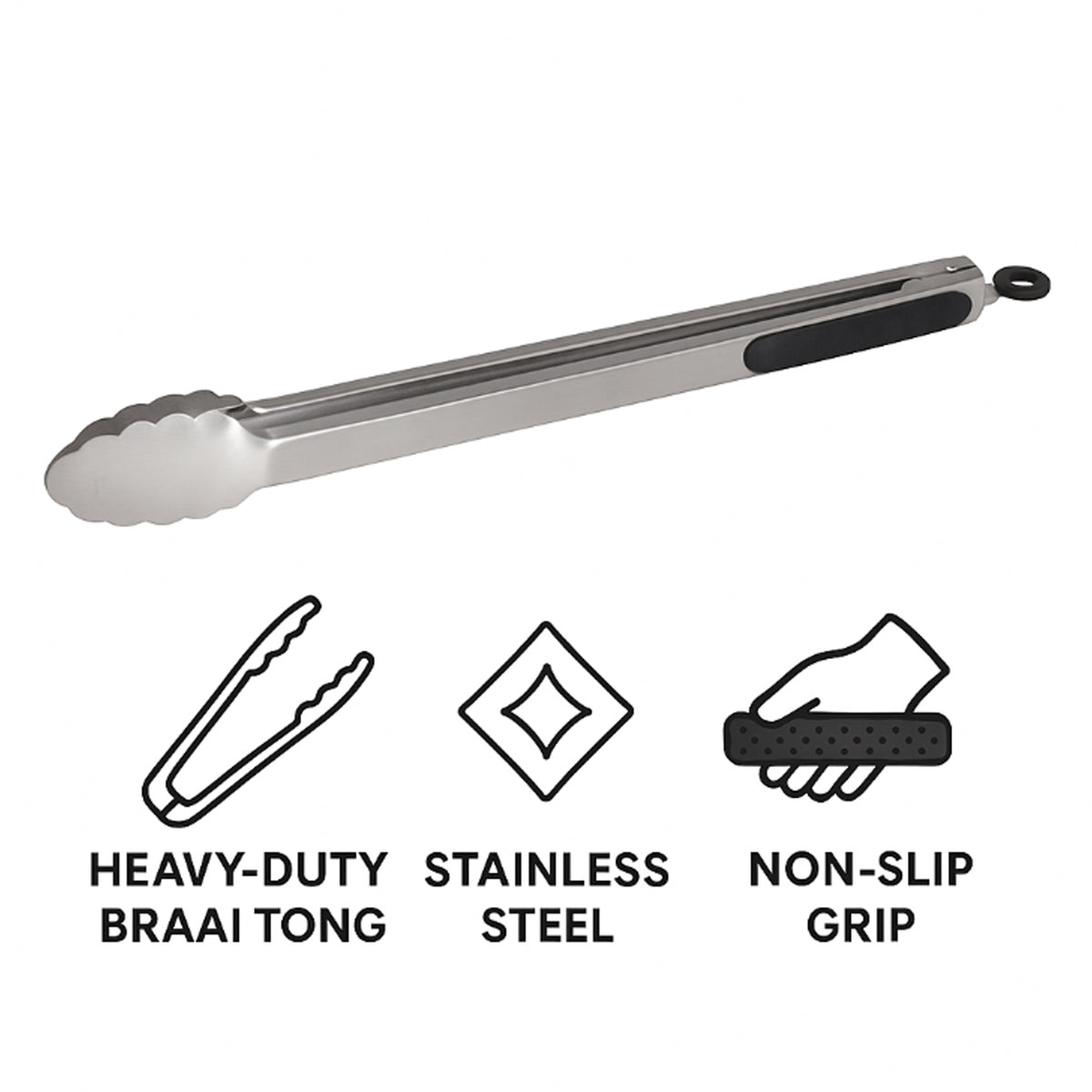 REGENT BRAAI TONG STAINLESS STEEL WITH BLACK HANDLE, 440MM