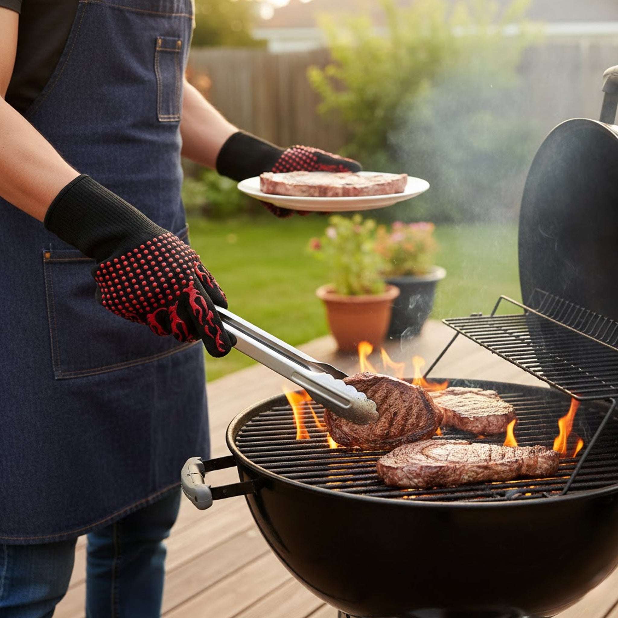 REGENT BBQ GLOVES HEAT RESISTANT NON SLIP SILICONE RED AND BLACK